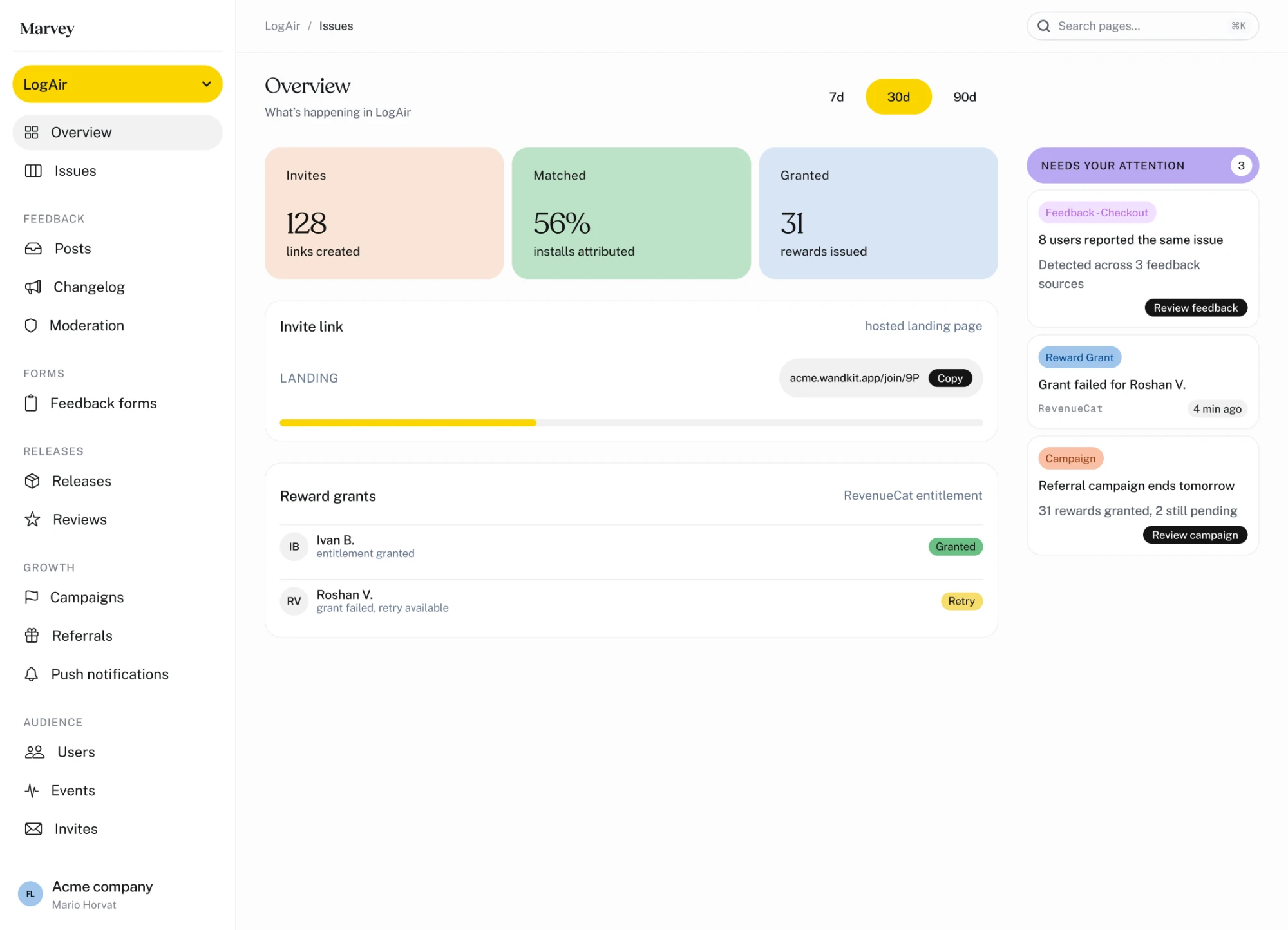 The Marvey dashboard: a project overview with invites, installs attributed and rewards issued, the invite link and its reward grants below, and a column of items needing attention.